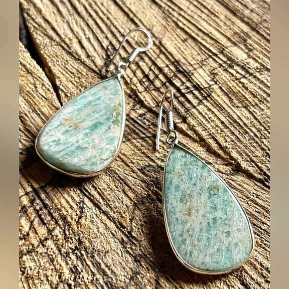 Teardrop Amazonite Earrings 2” - Picture 3 of 4